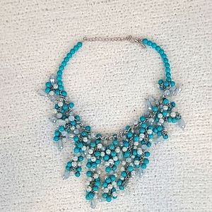 Natasha Glass Turquoise/Pearl Multi Strand Fringe Beaded Statement Necklace